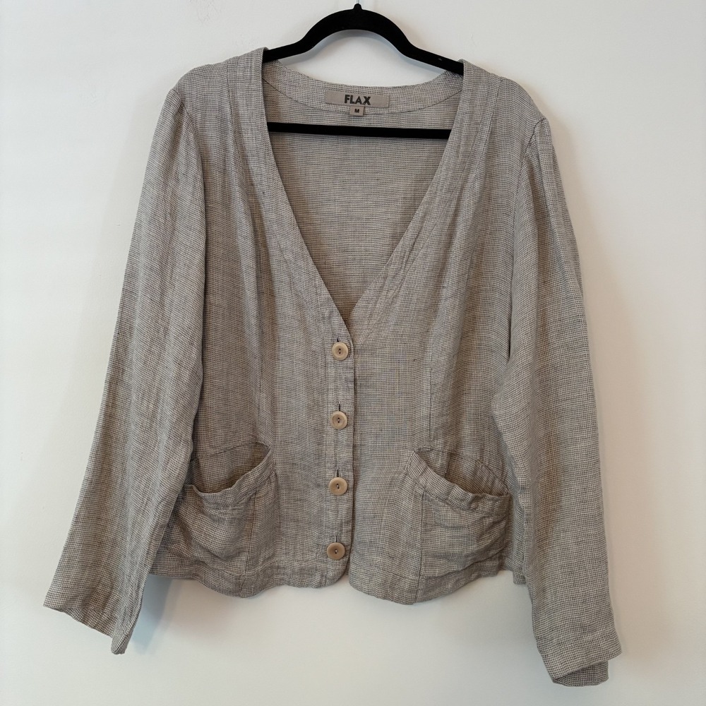 FLAX 100% Linen Button Front Cardigan M Oversized Lagenlook Minimalist Layer